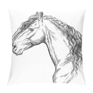 Personality  Friesian Horse Portrait. Horse Head  In Profile In Monochrome Color Isolated On White Background. Vector Hand Drawing Illustration Pillow Covers