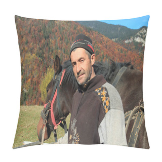 Personality  Europe, Romania, Transylvania, Carpathian Mountains, Magura, Piatra Craiului National Park. Men Leading Horse And Wagon To Cut Hay. Pillow Covers