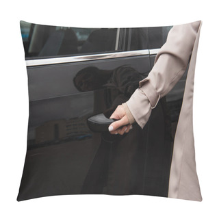 Personality  Cropped View Of Woman Opening Door Of Black Car Pillow Covers