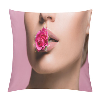 Personality  Cropped View Of Beautiful Woman With Rose Flower In Mouth Isolated On Pink Pillow Covers