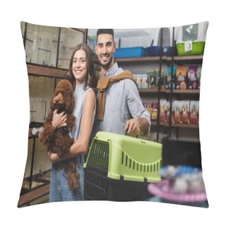 Personality  Positive Interracial Couple Holding Animal Cage And Poodle In Pet Shop Pillow Covers