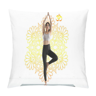Personality  Asian Woman Practicing Yoga On Yoga Mat Near Yellow Mandala Ornament On White  Pillow Covers