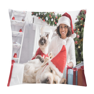 Personality  Happy African American Girl With Cat Near Labrador Sleeping In Santa Hat On Blurred Foreground Pillow Covers