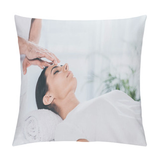 Personality  Cropped Shot Of Calm Young Woman With Closed Eyes Receiving Reiki Treatment On Head Pillow Covers