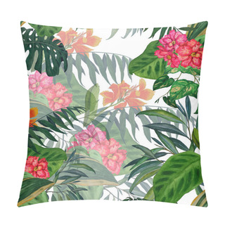 Personality  Hawaiian Floral Seamless Pattern With Watercolor Tropical Leaves And Flowers. Exotic Hibiscus And Canna Flowers. Colorful Hand Drawn Illustration. Tropical Summer Print. Pillow Covers