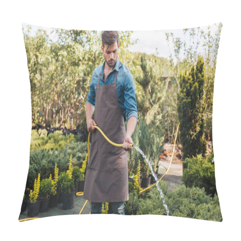 Personality  gardener in apron watering plants pillow covers