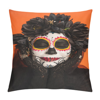 Personality  Portrait Of Smiling Woman With Closed Eyes And Creepy Halloween Makeup Holding Hands Near Face Isolated On Orange Pillow Covers