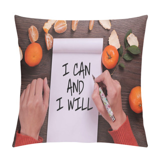 Personality  Motivation Words I Can And I Will, Inspiration Quote. Woman Writing Affirmation Close Up. Success, Self Development Concept  Pillow Covers