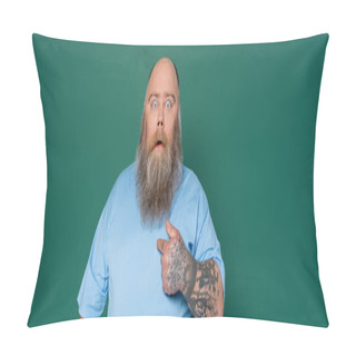 Personality  Shocked Plus Size Man Pointing With Finger At Himself Isolated On Green, Banner Pillow Covers