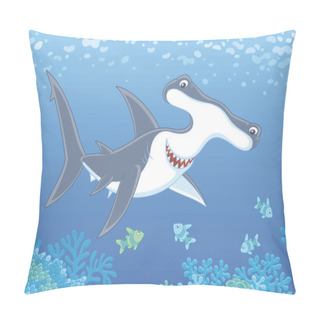 Personality  Big Hammer-headed Shark Swimming With Small Striped Fishes Over A Coral Reef In Blue Water Of A Tropical Sea, Vector Illustration In A Cartoon Style Pillow Covers