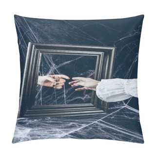 Personality  Cropped View Of Woman Touching To Reflection In Mirror With Scary Spider Web Around Pillow Covers
