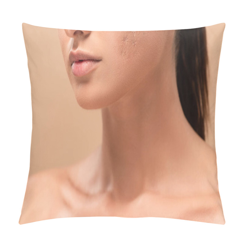 Personality  cropped view of young naked woman with blemished skin isolated on beige  pillow covers