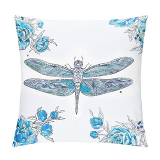 Personality  Seamless Pattern Of Blue Dragonfly And Peonies On A White Background. Pillow Covers