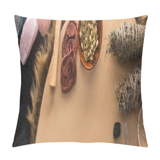Personality  Top View Of Smudge Sticks And Crystals, Dreamcatcher And Clay Amulets On Tambourine On Dark Wooden Surface, Panoramic Shot  Pillow Covers