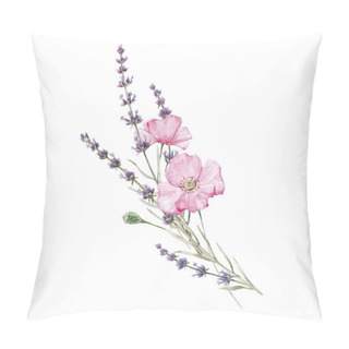 Personality  Beautiful Watercolor Floral Bouquet With Isolated Lavanda And Pink Poppy Flowers. Stock Illustration. Pillow Covers