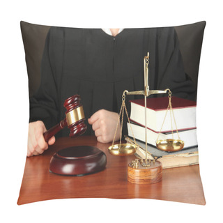 Personality  Judge Sitting At Table During Court Hearings On Black Background Pillow Covers