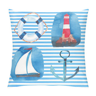 Personality  Beautiful Bright Colorful Lovely Summer Ocean Marine Beach Pattern Of Lifebuoy, Blue Anchor, Red White Seamark And Dark Blue Anchor On White Blue Stripes Background Watercolor Hand Illustration Pillow Covers