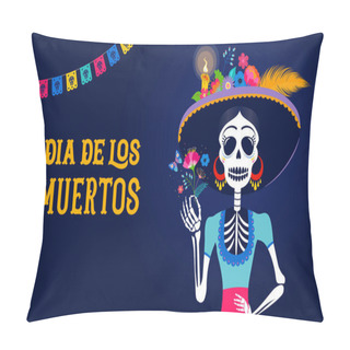 Personality Dia De Los Muertos, Day Of The Dead, Mexican Holiday, Festival. Woman Skull With Make Up Of Catarina With Flowers Crown. Poster, Banner And Card With Sugar Skull Pillow Covers