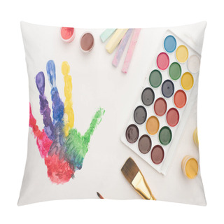 Personality  Top View Of Colorful Handprint, Chalks, Paint Brushes And Paints On White For World Autism Awareness Day Pillow Covers