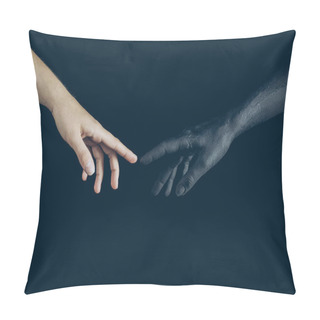 Personality  Partial View Of Woman And Black Demon Touching With Fingers Isolated On Black Pillow Covers