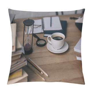 Personality  Close-up Shot Of Cup Of Coffee And Hourglass On Work Table With Writer Supplies Pillow Covers