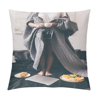Personality  Woman In Blanket With Cup Of Coffee Pillow Covers