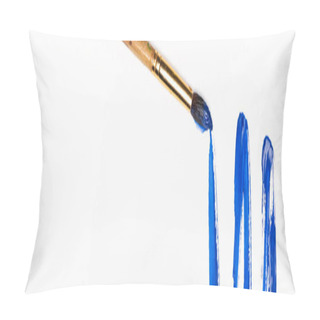 Personality  Top View Of Blue Paint Brushstroke And Paintbrush On White Background, Panoramic Shot Pillow Covers