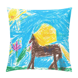 Personality  Child's Drawing - Horse Grazes In Meadow Pillow Covers