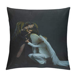 Personality  Heavenly Angel Holding Hand Of Dark Demon Standing On Black Backdrop, Women In Halloween Costumes Pillow Covers