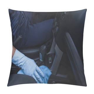 Personality  Cropped View Of Car Cleaner Wiping Gear Shifter With Rag Pillow Covers