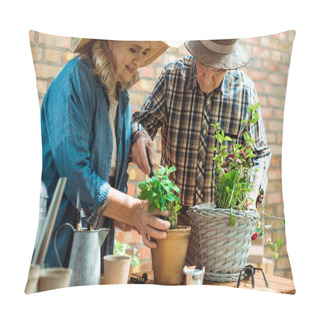 Personality  Selective Focus Of Senior Woman And Man In Straw Hats Standing Near Green Plants  Pillow Covers