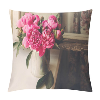 Personality  Beautiful Bouquet Of Pink Peonies Flowers On Rustic White Wooden Background. Happy Mothers Day Concept Pillow Covers