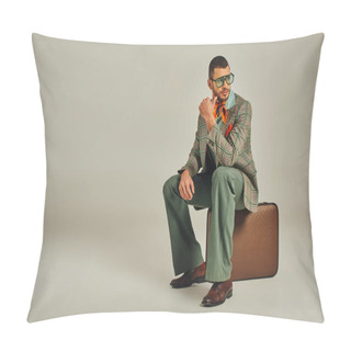 Personality  Thoughtful Vintage Style Man In Sunglasses Sitting On Retro Suitcase And Looking Away On Grey Pillow Covers