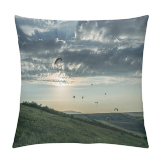 Personality  Parachutes In The Sky Over Field In Hillside Area Of Crimea, Ukraine, May 2013 Pillow Covers