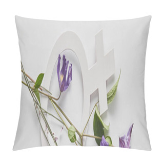 Personality  Top View Of Violet Flowers And Venus Sign On White Background, Panoramic Shot Pillow Covers