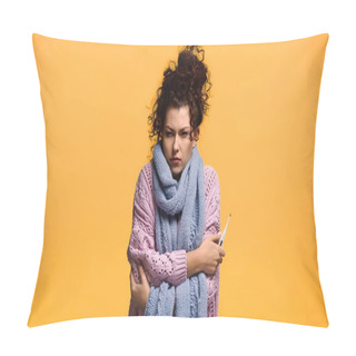 Personality  Upset And Diseased Woman In Knitted Sweater Holding Thermometer Isolated On Orange Pillow Covers