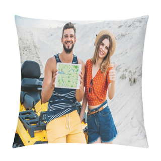 Personality  Beautiful Young Couple With Atv Showing Digital Tablet With Map On Screen And Thumb Up At Desert Pillow Covers