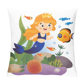 Personality  Cartoon Beautiful Little Mermaid. Marine Princess. Underwater World. Coral Reef With Fishes, Pearl Shells And Sea Star. Colorful Vector Illustration For Kids. Pillow Covers