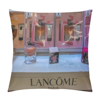 Personality  Miami, Usa - May 12, 2018: Lancome Poeme Perfume On The Shop Display At Aventura Mall, Miami Pillow Covers