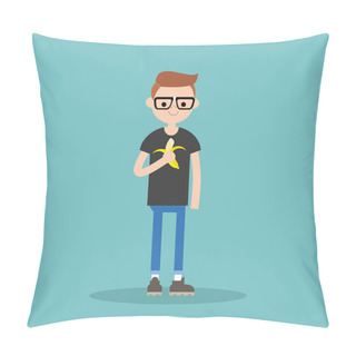Personality  Young Nerd Boy Eating Banana / Flat Editable Vector Illustration Pillow Covers