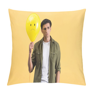 Personality  Upset Young Man Holding Sad Balloon, Isolated On Yellow Pillow Covers