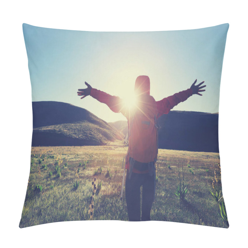 Personality  Young woman standing on mountain pillow covers