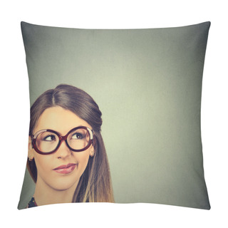 Personality  Unny Confused Skeptical Woman In Glasses Thinking Planning Looking Up  Pillow Covers