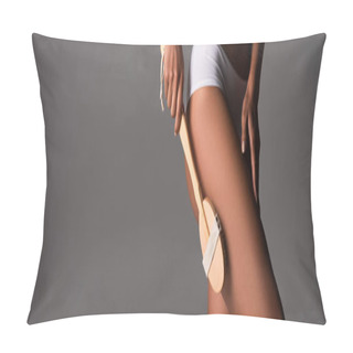 Personality  Panoramic Shot Of Woman In White Panties Using Body Brush Isolated On Grey Pillow Covers