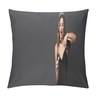 Personality  Amazed Woman In Black Slip Dress And Tiara Holding Bottle And Pouring Champagne In Glass On Grey, Banner Pillow Covers