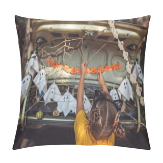 Personality Alternative Safe Celebration. Cute Kids Preparing Halloween Party In The Trunk Of Car With Carved Pumpkin, Spider Net, Ghosts And Other Decoration For Halloween, Autumn Outdoor. Pillow Covers