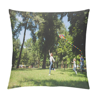 Personality  Happy Family Running And Playing With Flying Kite In Park With Copy Space Pillow Covers