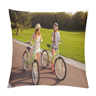 Personality  Two Cute Girls With Hats Walking The Street With Bicycles Pillow Covers