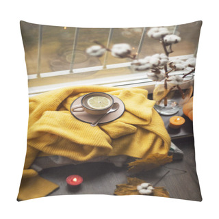 Personality  Autumn Composition,  Hot Steaming Cup Of Tea And A Warm Scarf On Wooden Table Background Pillow Covers