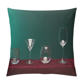 Personality  Liqueur Glass, Cocktail Glass, Brandy Glass And Wine Glass Isolated On Green  Pillow Covers